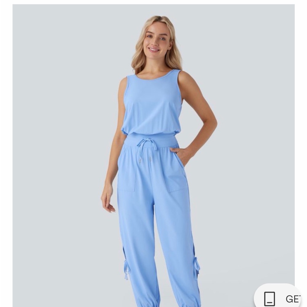 Sleeveless cut out drawstring pocket cool touch yoga jumpsuit Large UPF50+